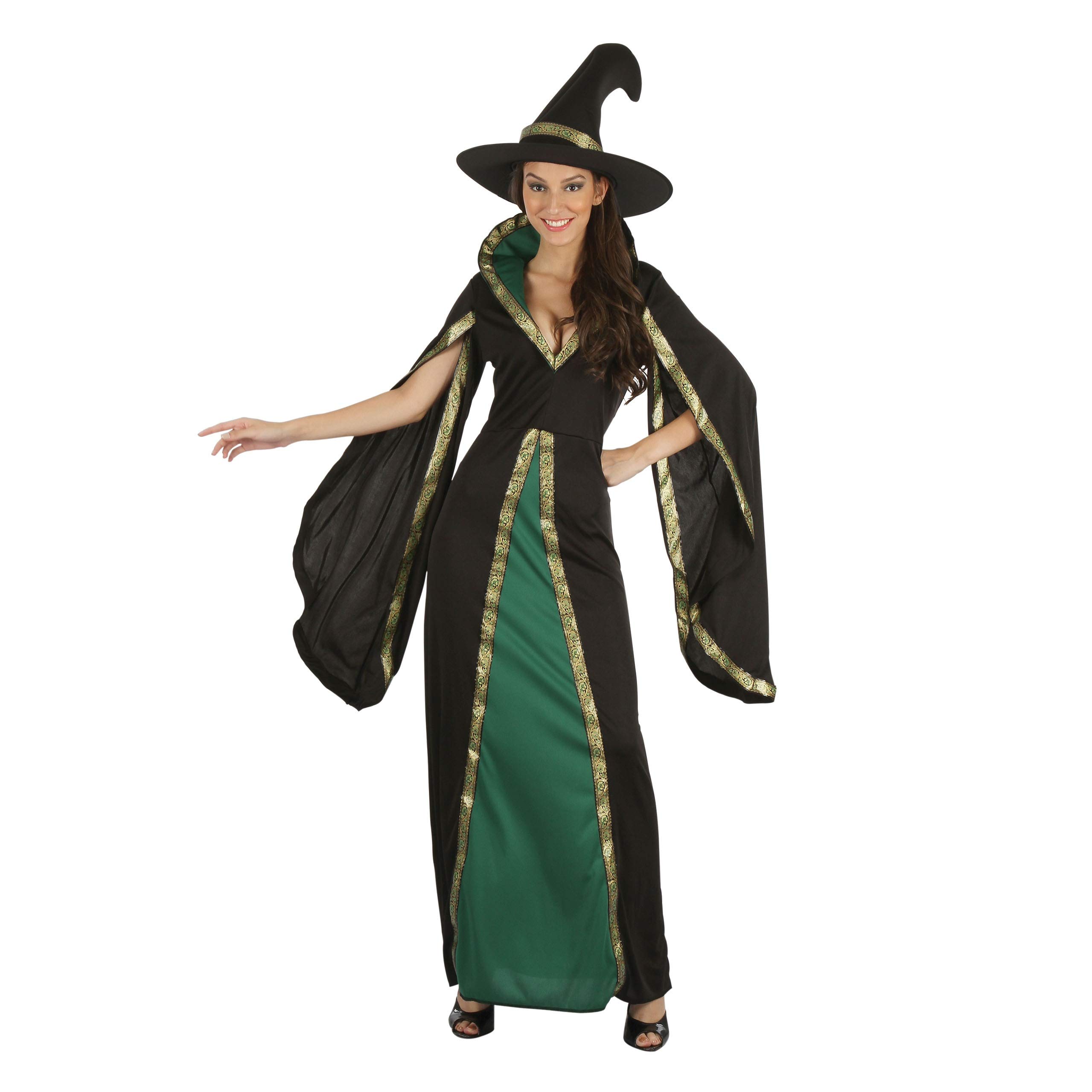 Bristol Novelty AF096 Witch Dress + Hat, Women, Black, Green, One Size