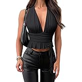 Womens Deep V Neck Halter Irregular Open Back Tank Tops Tie Backless Asymmetrical Hem Flowy Tops