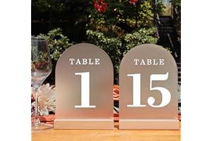 ORGANTEAM Wedding Table Numbers 1-15, Acrylic Arch Signs with Natural Wood Stands Holders, Rustic Table Decor for Reception & Parties (Frosted White)