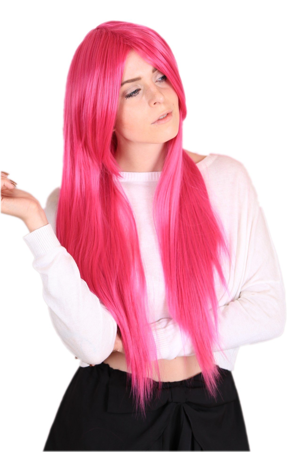 Prettyland C116 - Long Women Wig Straight Silky Layered Hair 80 Cm Long with Bangs - Hot Pink — image 1