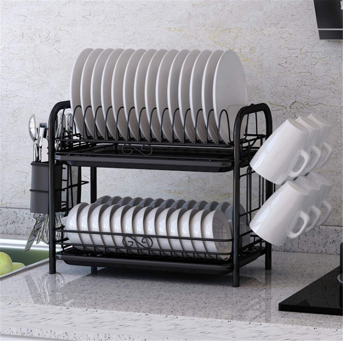 Dish Drying Rack 2-Tier Chrome Plating Dish Rack Stainless Steel Kitchen Dish Drainer Rack Organizer Tool-Free Installation With Utensil Holder/Drain Board/Cup Hoder 2 Layers Cutlery Rack