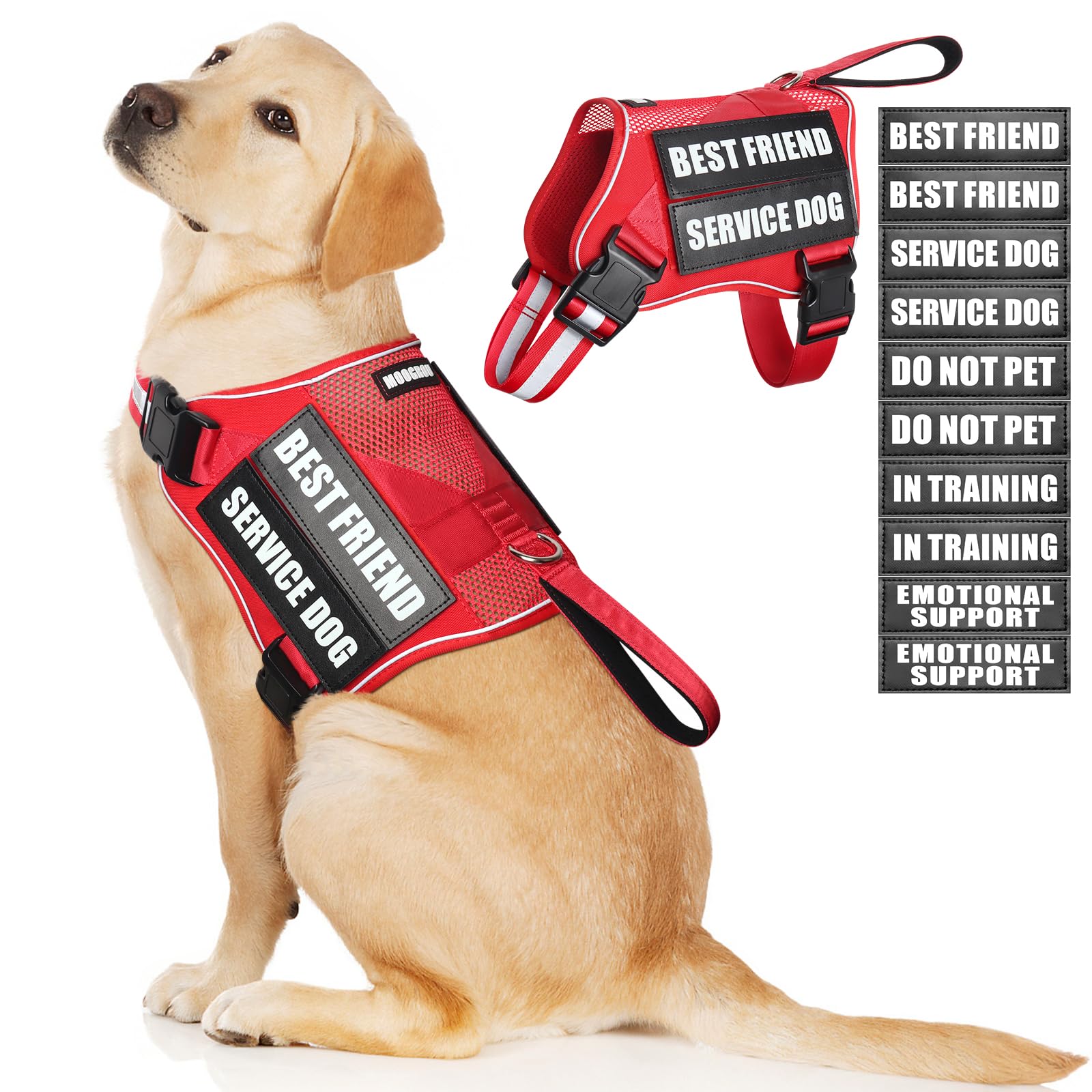 Photo 1 of MOOGROU Service Dog Vest Harness and 10 Patches for Large Dogs,Mesh Design Adjustable Emotional Support Dog Vest,Lightweight Reflective Do Not Pet Dog Harness for Training Walking Everyday Red L