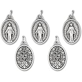 Caritas et Fides Bulk Pack of 5 - Miraculous Medal Pendant for Necklace -1" Oval Silver Oxidized Miraculous Medals Pendant for Necklace, Medals for Jewelry Catholic, Made in Italy