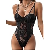 SweatyRocks Women's Floral Lace Mesh Corset Bodysuit Sheer Cut Out Sleeveless Bustier Leotards
