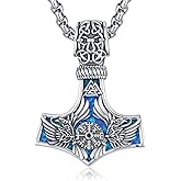 Thanches Thor Hammer Necklace for Women Men, S925 Sterling Silver Viking Mjolnir Necklace Pendant with Corlorful Opal Norse Runes Amulet Jewelry Gift