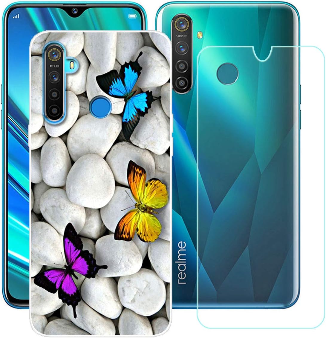 Case for Oppo Realme 5 Pro Cover + Screen Protector Tempered Glass Protective Film - YZKJ Flexible Soft Gel Crystal Transparent TPU Silicone Protection Case for Oppo Realme 5 Pro 6.3" - HY13