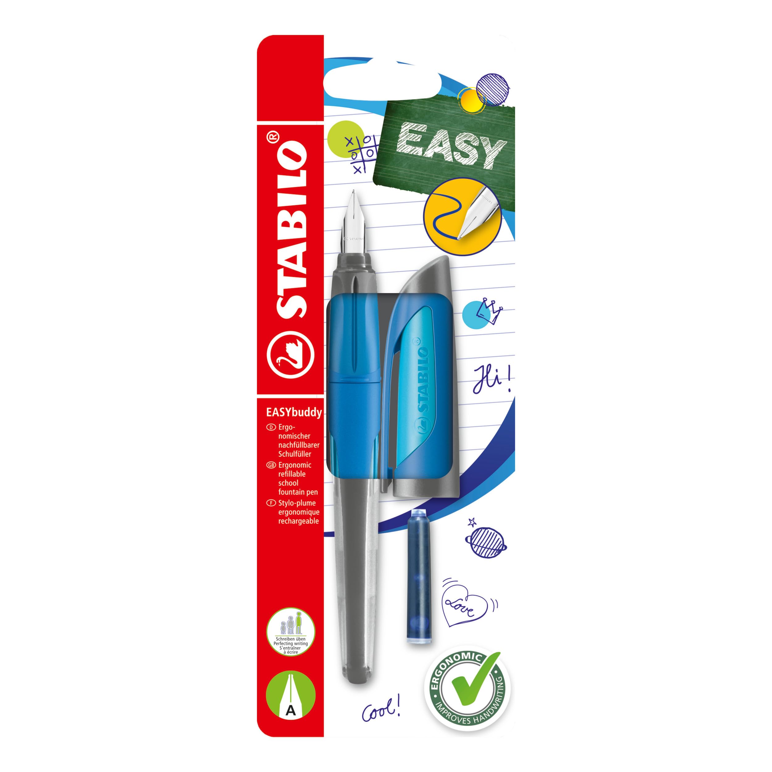 STABILO Ergonomic School Fountain Pen EASYbuddy - A-Nib (Beginner) - Right-Handed - Pack of 1 - Dark Blue/Light Blue