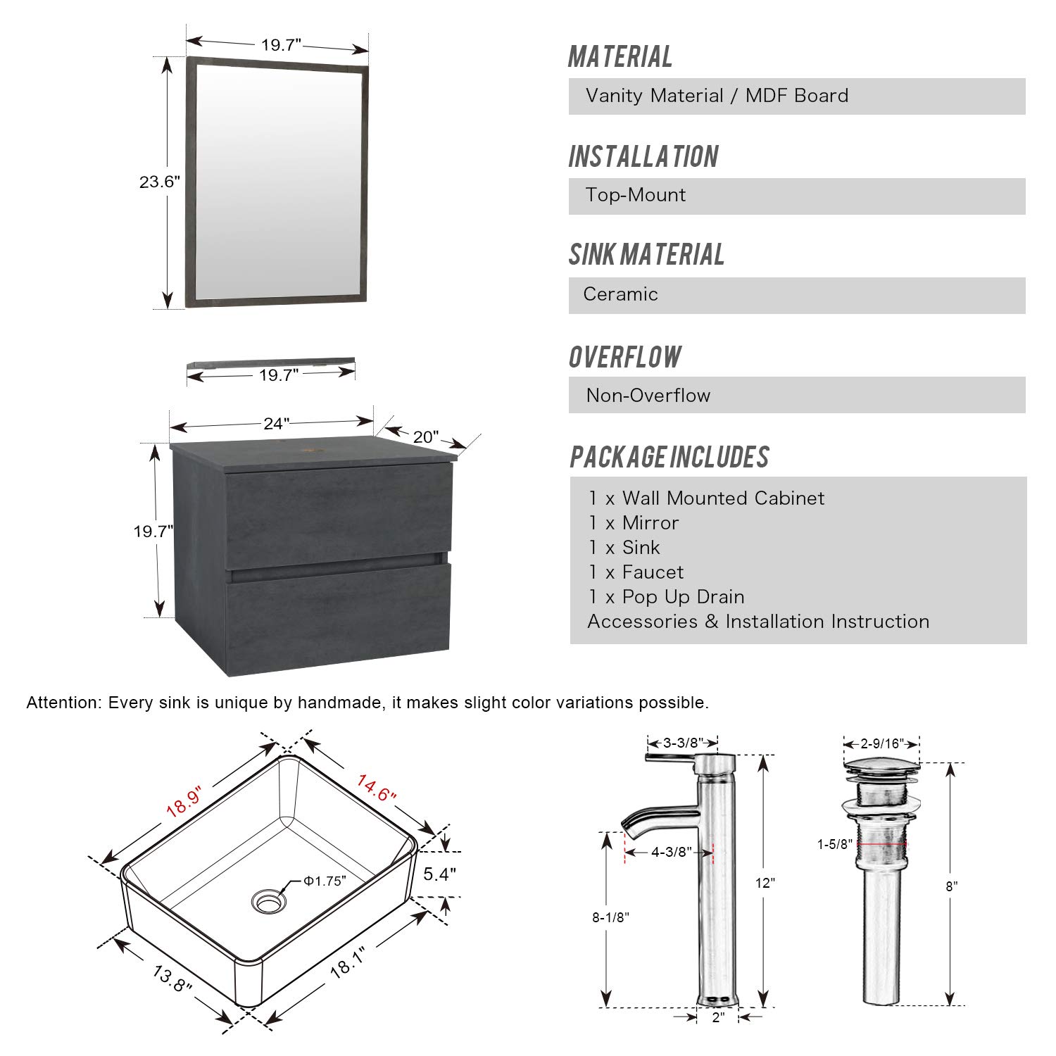 eclife 24" Bathroom Vanity Sink Combo Wall Mounted Concrete Grey