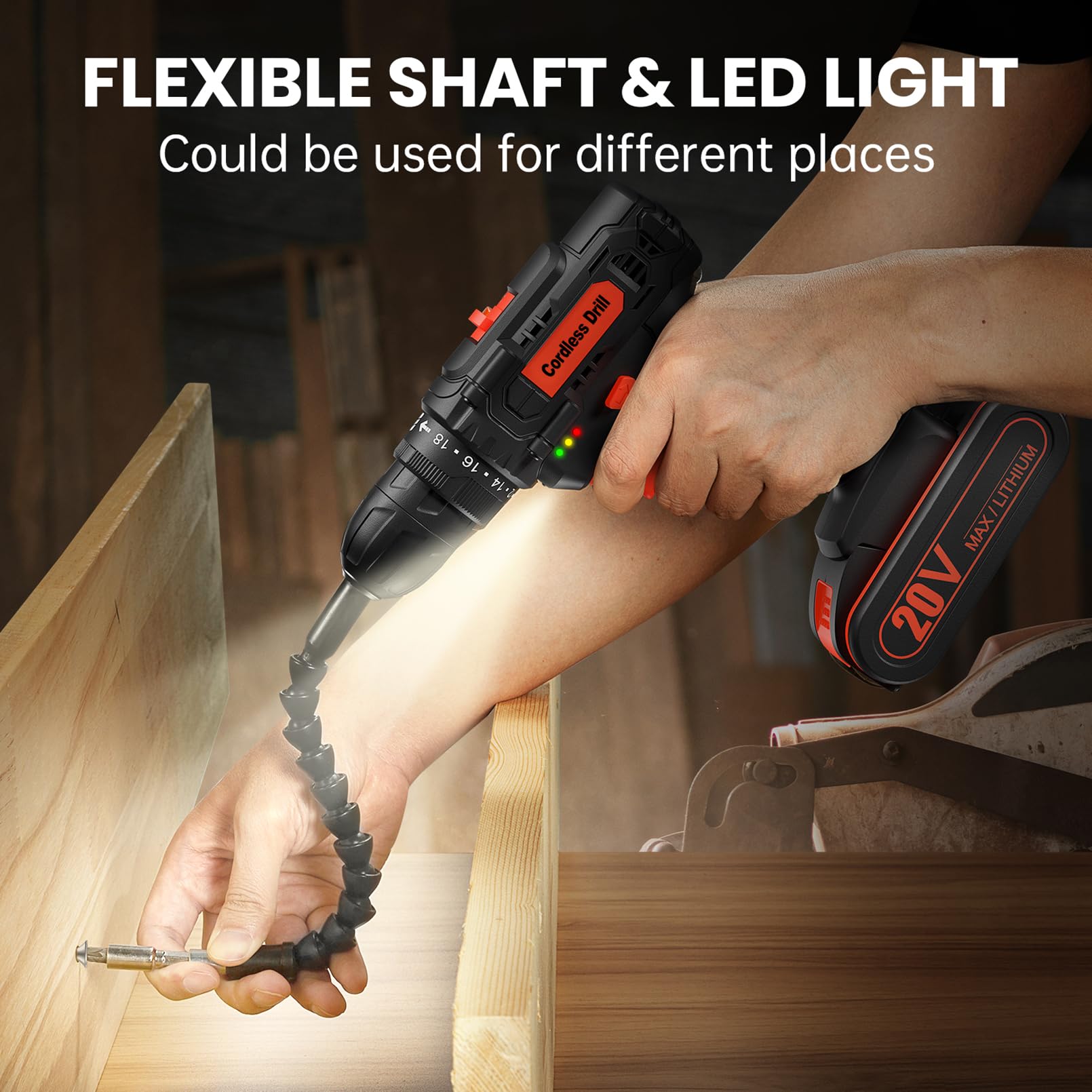 Cordless Drill 20V, Drill Set with 42pcs Accessories and Battery 2.0Ah, ElectricDrill 25+1 Torque Setting, 2 Speed, 3/8