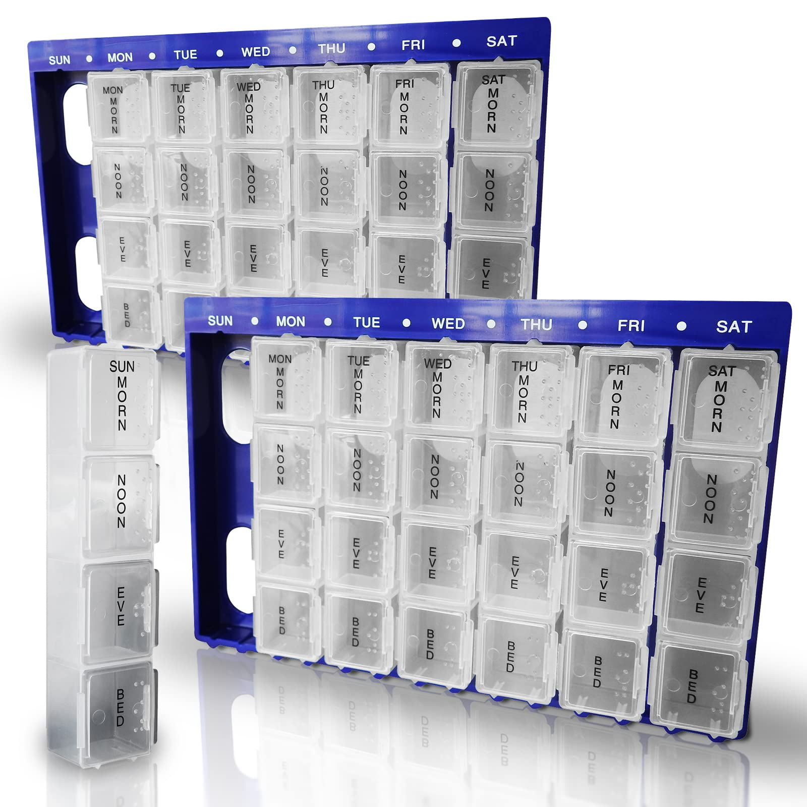 RE-GEN Twin Pack Premium Morn-Bed 7 Day Weekly Pill Medication Organiser Storage Box Container Compartment Tray