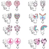 Yowivon Clip on Earrings for Girls Women Silver Non Pierced Cubic Zirconia Cute Earrings Heart Star Butterfly Flower Pearl Ball Colorful Hypoallergenic Stud Earring Set for Teen