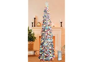 HISFFOG 5FT Pop Up Christmas Tinsel Tree with 8 Rmote Lights Modes - Collapsible Colorful Sequin Artificial Christmas Pencil Trees Decorations for Home Apartment Party Fireplace Indoor Outdoor