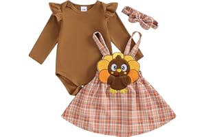 Frietlebird Newborn Baby Girl Fall Winter Outfits Thanksgiving Christmas Outfit Long Sleeve Romper Suspender Skirt Set 3Pcs