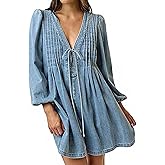 loveimgs Women Denim Jean Romper Overall Shorts Tie Front Pleated Romper Dress Deep V Neck Puff Sleeve Jumpsuit