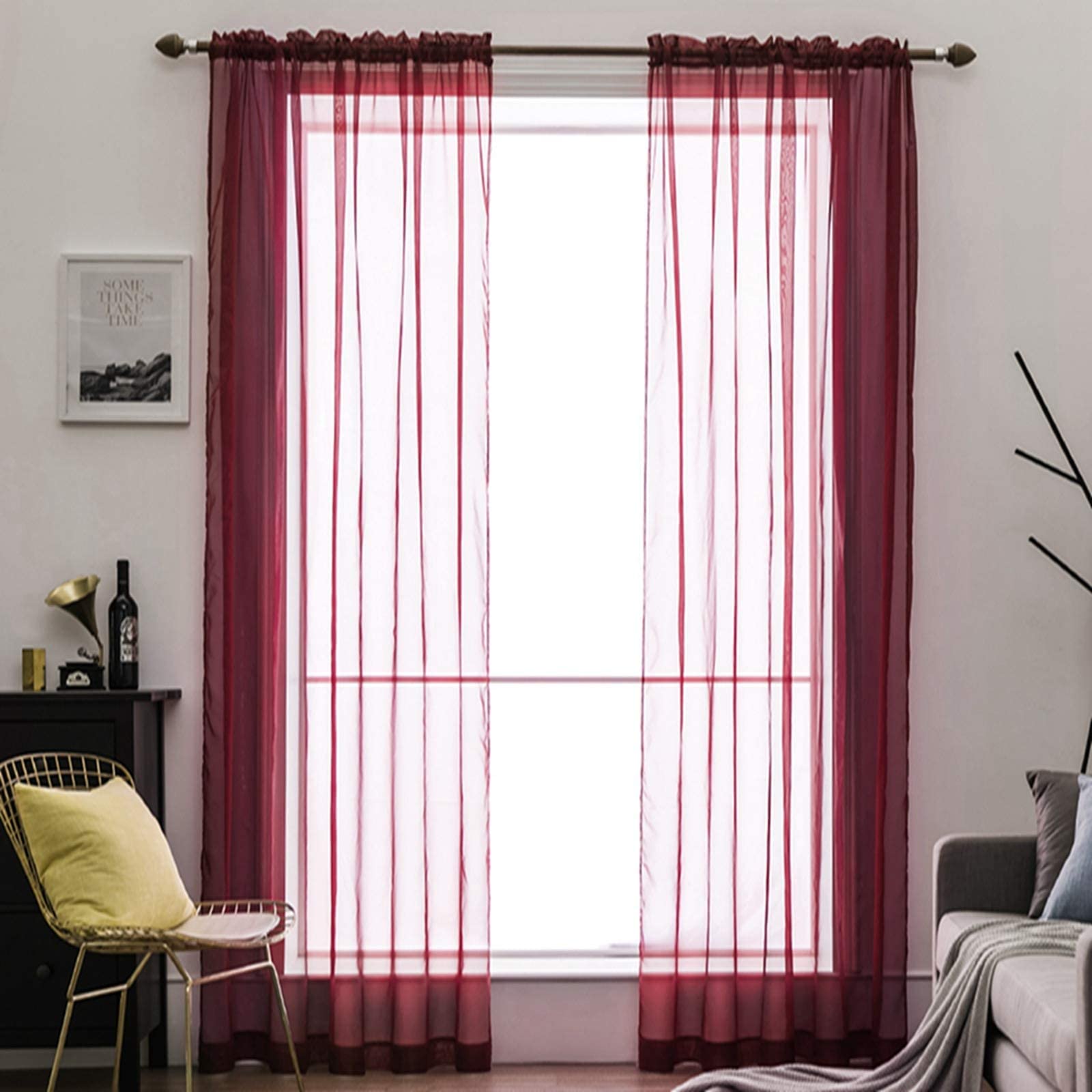 MIULEE 2 Panels Solid Color Sheer Window Curtains Christmas Decoration Smooth Elegant Window Voile Panels/Drapes/Treatment for Bedroom Living Room 55" Wx96 L, Rod Pocket Red — image 1