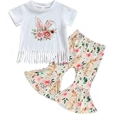 Toddler Baby Girl Easter Outfit Bunny Rabbit Short Sleeve T-Shirt Tops Bell-Bottom Flared Pants Sets Clothes