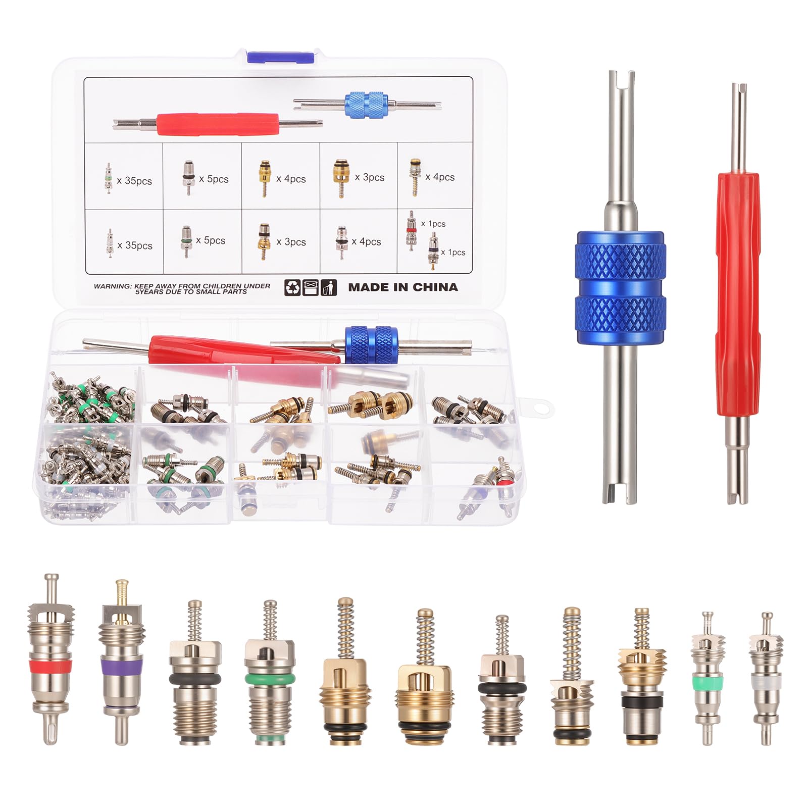 HSEAMALL Conditioning A/C Valve Core R12 R134a Automotive Air Conditioning Refrigeration Tire Valve Stem Cores Remover tool Assortment Kit (102PCS)