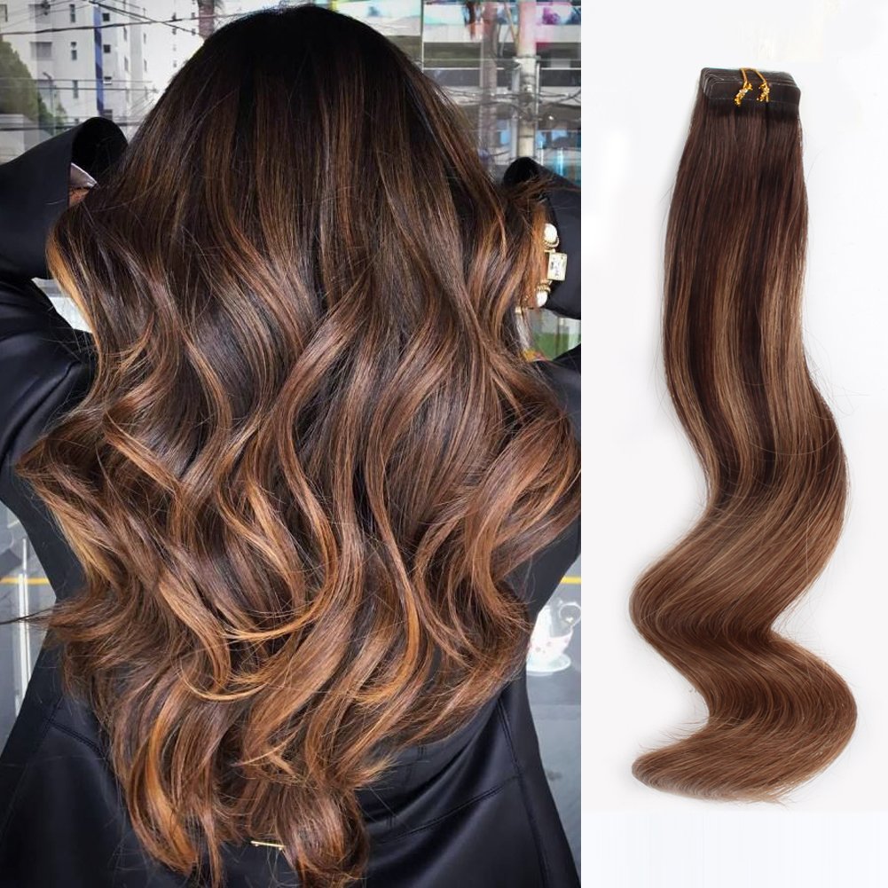 Amazon Com Abh Amazingbeauty Hair Sun Kissed Hair Balayage Extensions Tape Ins Invisible Double Sided Real Remy Human Hair Skin Weft 50g 20pcs Dark Brown With Chestnut Brown B2 6 22 Inch Beauty
