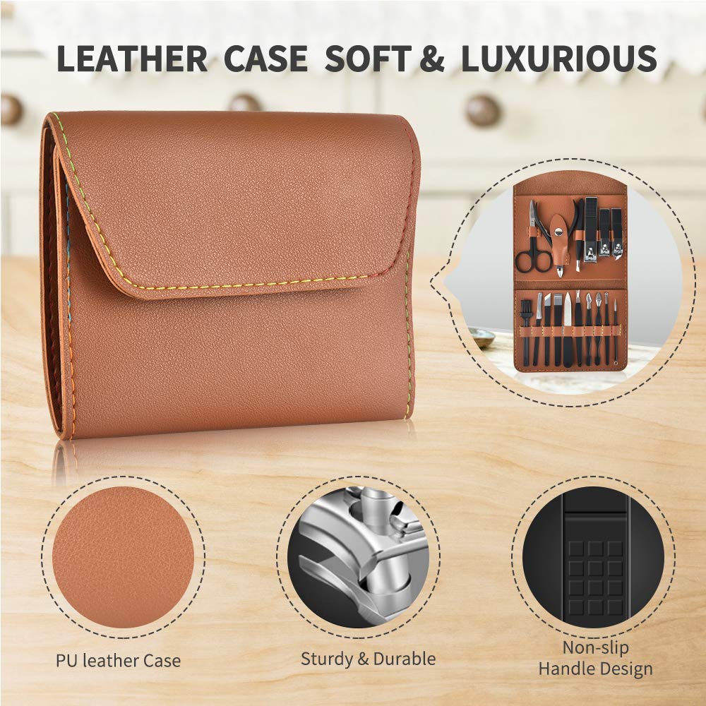 Nail Clippers Set Manicure Pedicure Kit - PWING 16 in 1 Black Manicure Set Professional Pedicure Nail Trimmer Tools, Portable Manicure Grooming Set with Brown Leather Case : Beauty