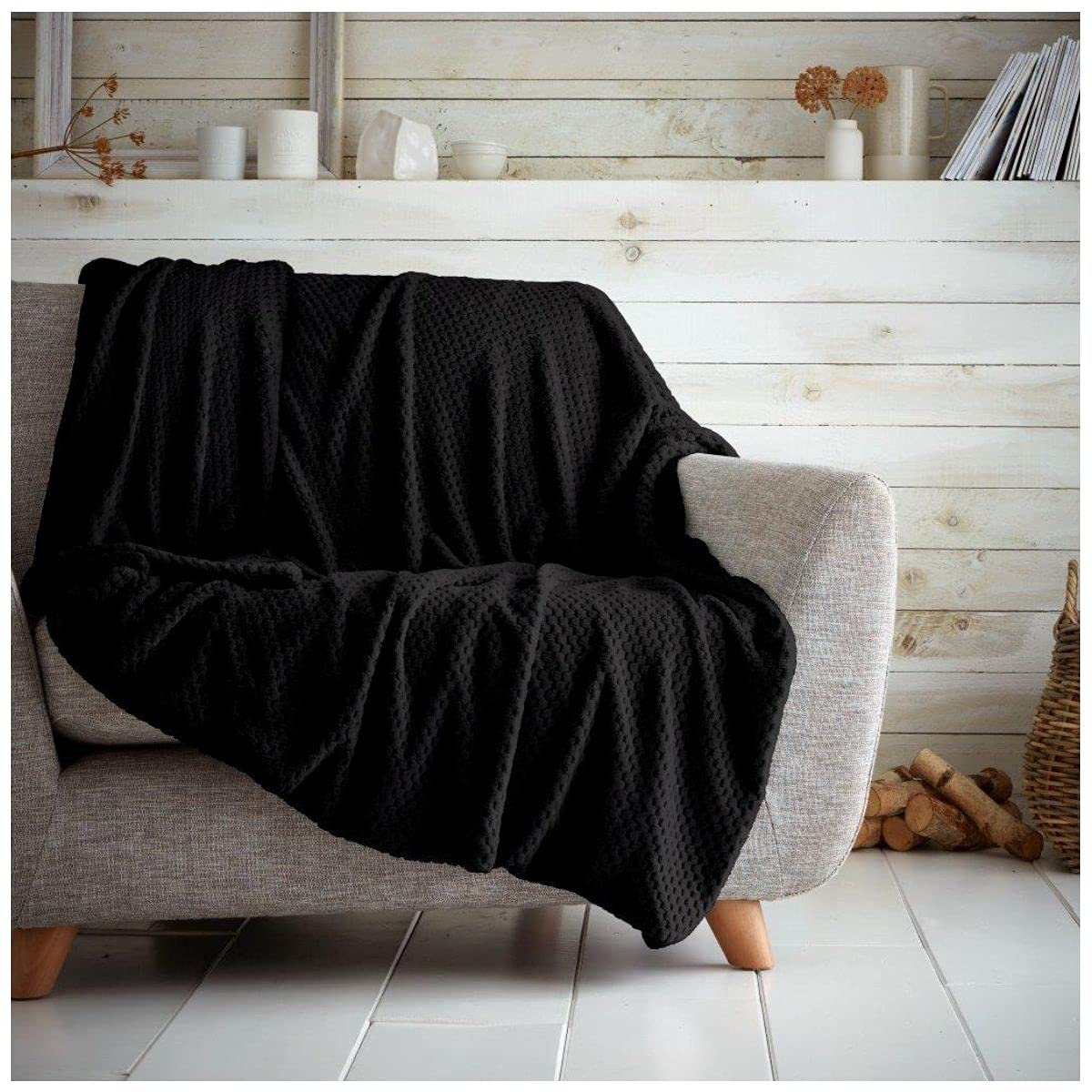 GC GAVENO CAVAILIA Popcorn Sofa Bed Blanket, Snuggle Waffle Throw, Fleece Blankets, Black, 150X200, 651307