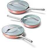 Caraway Ceramic Nonstick Fry Pan Set with Glass Lids – Includes Two 10.5” Fry Pans, One 8” Fry Pan, & Three Lids - Non Toxic, PTFE & PFOA Free - Oven Safe & Compatible with All Stovetops - Perracotta