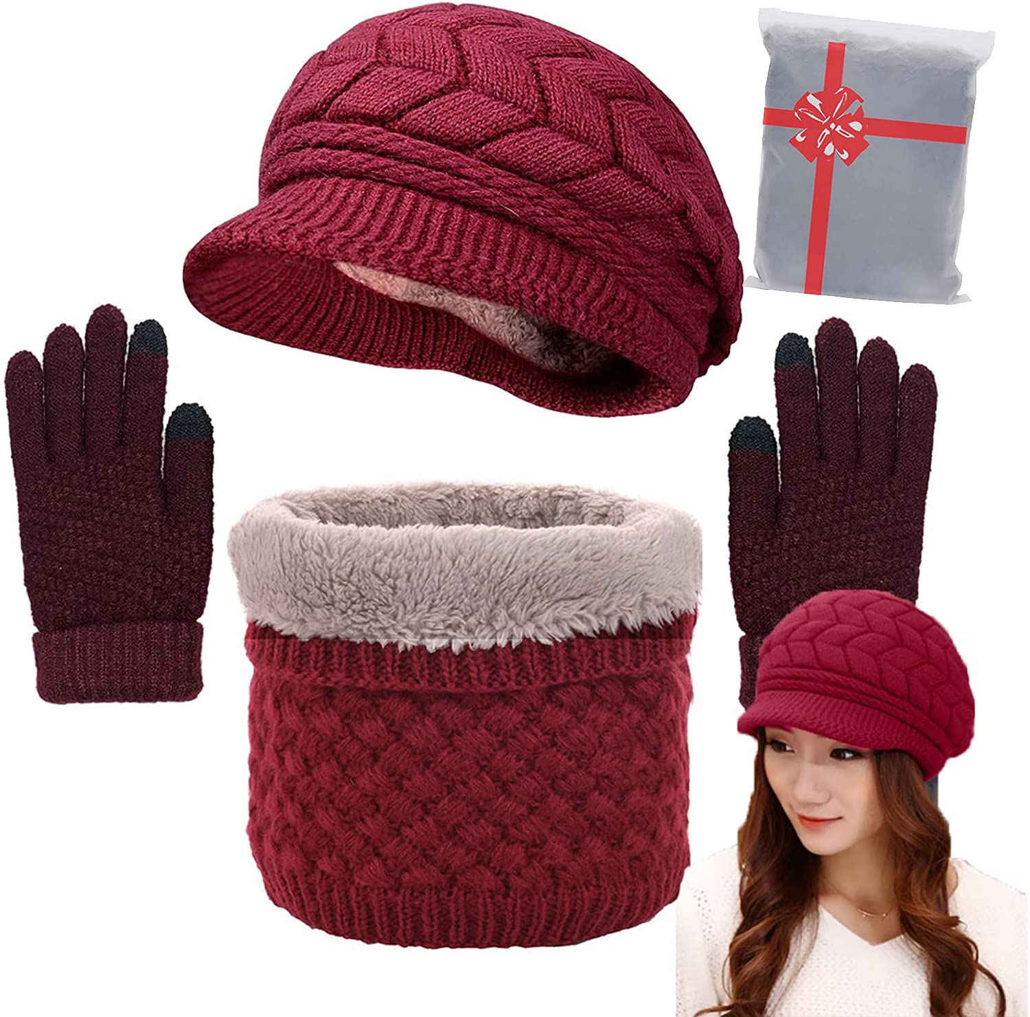 CheChury Winter Hat Scarf and Gloves Set Knitted Warm Neck Warmer Touchscreen Gloves and Berets for Women Winter Outdoor Sports Set,Red,One size