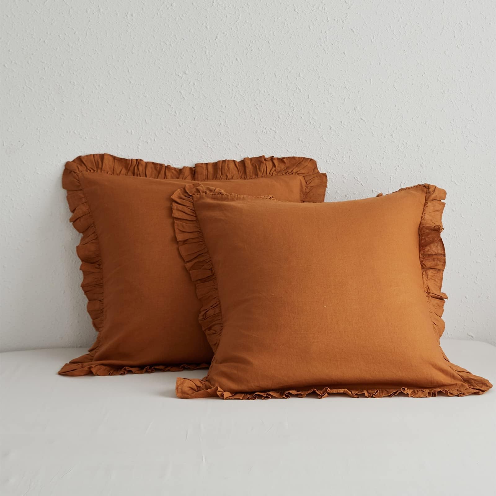 Photo 1 of Simple&Opulence 100% Linen Euro Sham Covers with Ruffle, 26x26 Inch Pillow Covers Set of 2, Euro Pillow Shams for Bed Couch French Home Decor Luxury and Breathable Square Pillow Cases, Rust