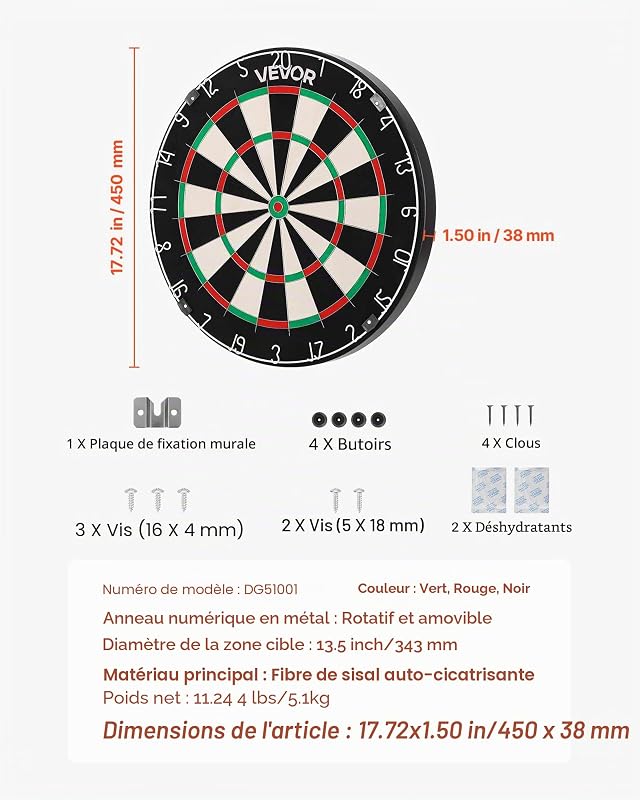 Cible de fléchettes, 450 mm, Planche à fléchettes Professionnelle en Fibre de sisal Auto-réparatrice avec œil de bœuf sans agrafes, Fil de Lame et Anneau Rotatif, pour Salle de Jeux à Domicile