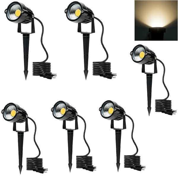 SMIFUL YARD SPOT LIGHTS WARM WHITE OUTDOOR SPOTLIGHTS, 3000K 120V LED LANDSCAPE LIGHTS WATERPROOF UPLIGHTS WITH SPIKED STAND FOR YARD HOUSE LAWN FRONT PORCH US 3 PLUG (4 LIGHTS)