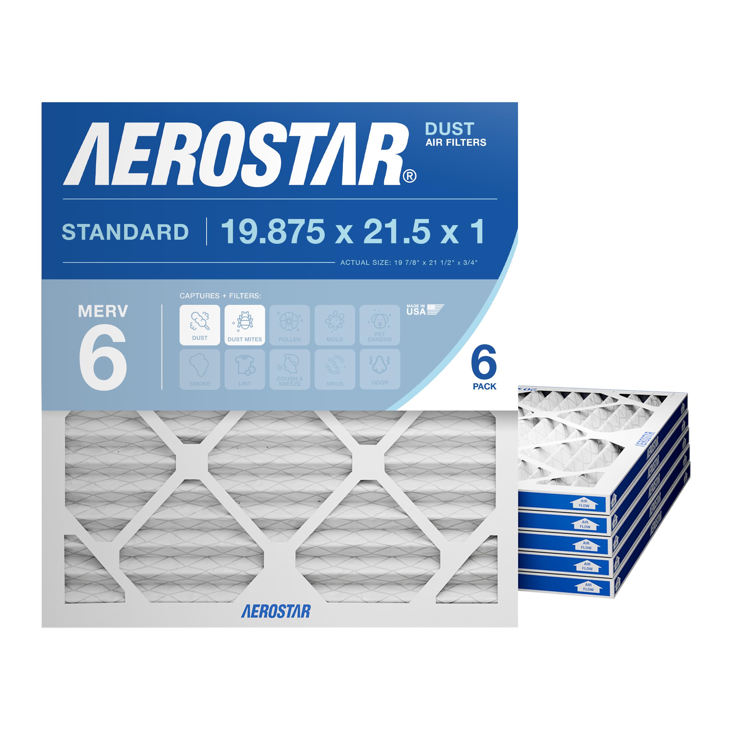 Aerostar 19 7/8 x 21 1/2 x 1 MERV 6 Pleated Air Filter, AC Furnace Air Filter, 6 Pack (Actual Size: 19 7/8"x21 1/2"x3/4") Image