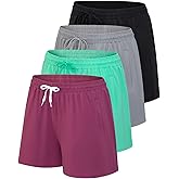 Real Essentials 4 Pack: Womens Athletic Dry-Fit Lounge Shorts with Zipper Pockets (Available in Plus Size)