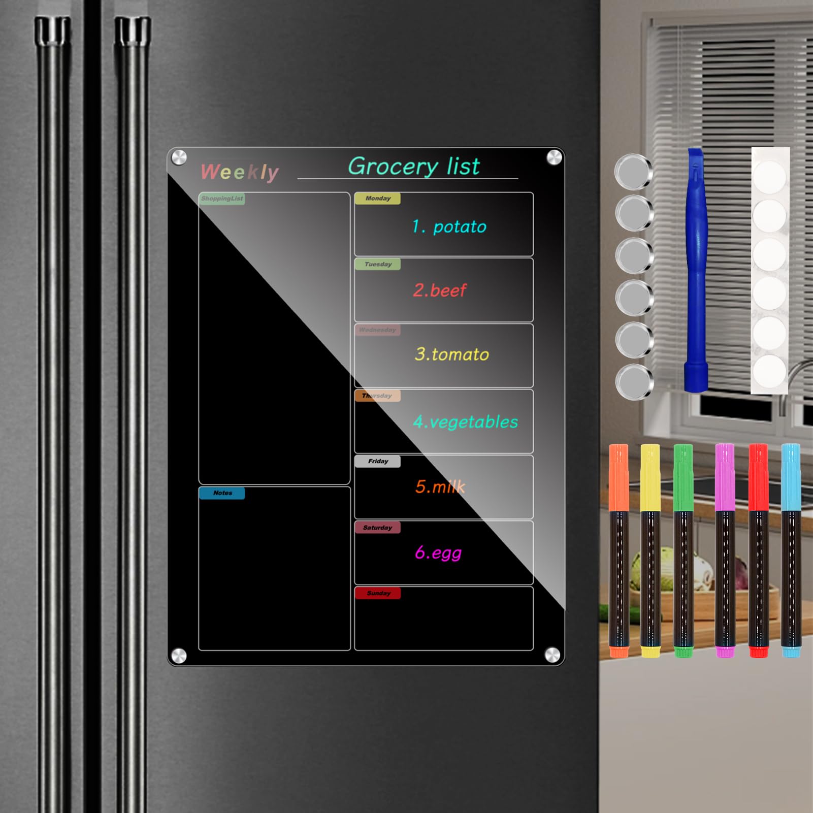 Ninyoon Weekly Calendar Meal Planner for Fridge, Magnetic Acrylic Fridge Menu Dry Erase Board with 6 Markers 6 Hanging Hardware 6 Gaskets - 1 Set (Black - 11.8x15.7 - Weekly)