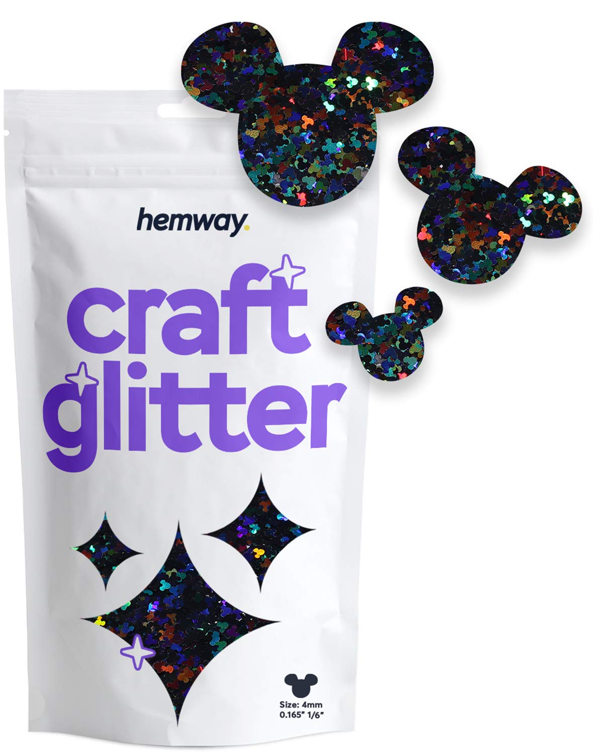 Hemway Craft Glitter Mickey Mouse Shape, 50g, Black Holographic | Shaped Glitter for Crafts, Resin, Cosmetic, Nail, Face, Body, Festival, Tumblers, Art, Crafting