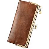 GOIACII Womens Wallet Ladies Vintage Billfold Compact Card Holder Long Zip Clutch Purse with Kiss Lock Brown