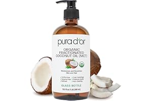 PURA D'OR 16.9 Oz ORGANIC Fractionated Coconut Oil MCT Oil (GLASS BOTTLE) 100% Pure & Natural USDA Certified Cold Pressed - Unscented, Hexane Free Moisturizer For Face, Skin & Hair Tonic - Men & Women