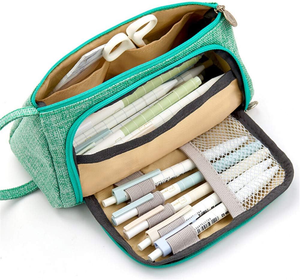 Big Capacity Pencil Pen Case Student Office College Middle School High School Zipper Large Storage (Green)