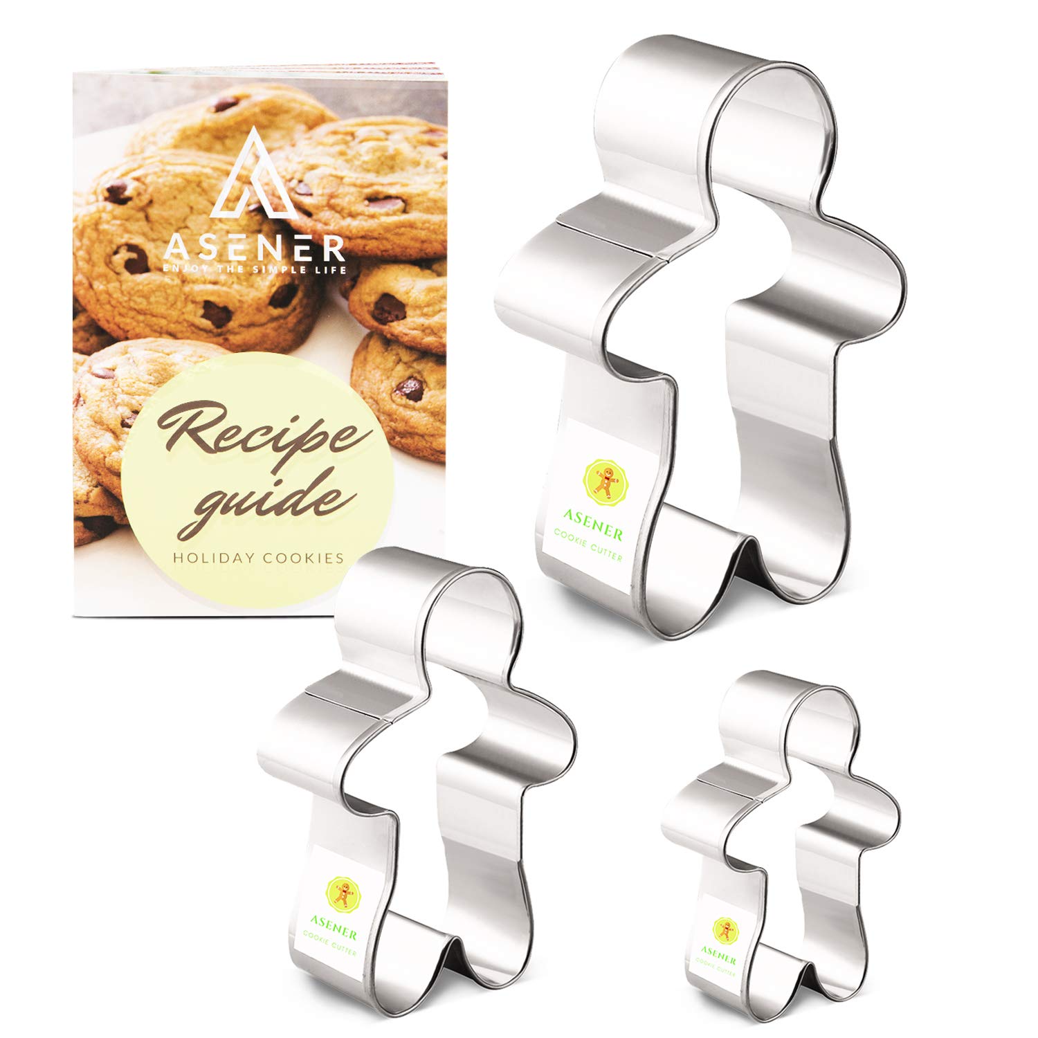 Christmas Gingerbread Man Cookie Cutter Set [3-Piece] - Tin Plated Steel, Perfectly Designed, Gingerbread Man Shapes, Durable Cookie Cutter with Recipe Book