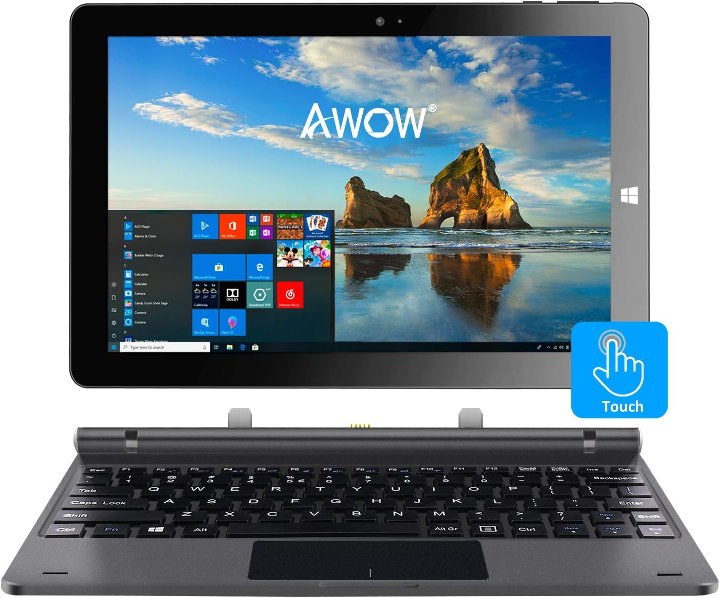 10.1" Touch Screen Windows 10 2-in-1 Laptop Tablet PC with Intel X5-Z8350 Quad-Core 1.44Ghz/Ips HD 1280 X 800/4GB/64GB/Dual Webcam/Wi-Fi/Bluetooth 4.0/Micro HDMI/Micro SD/USB/Keyboard/Iron Gray