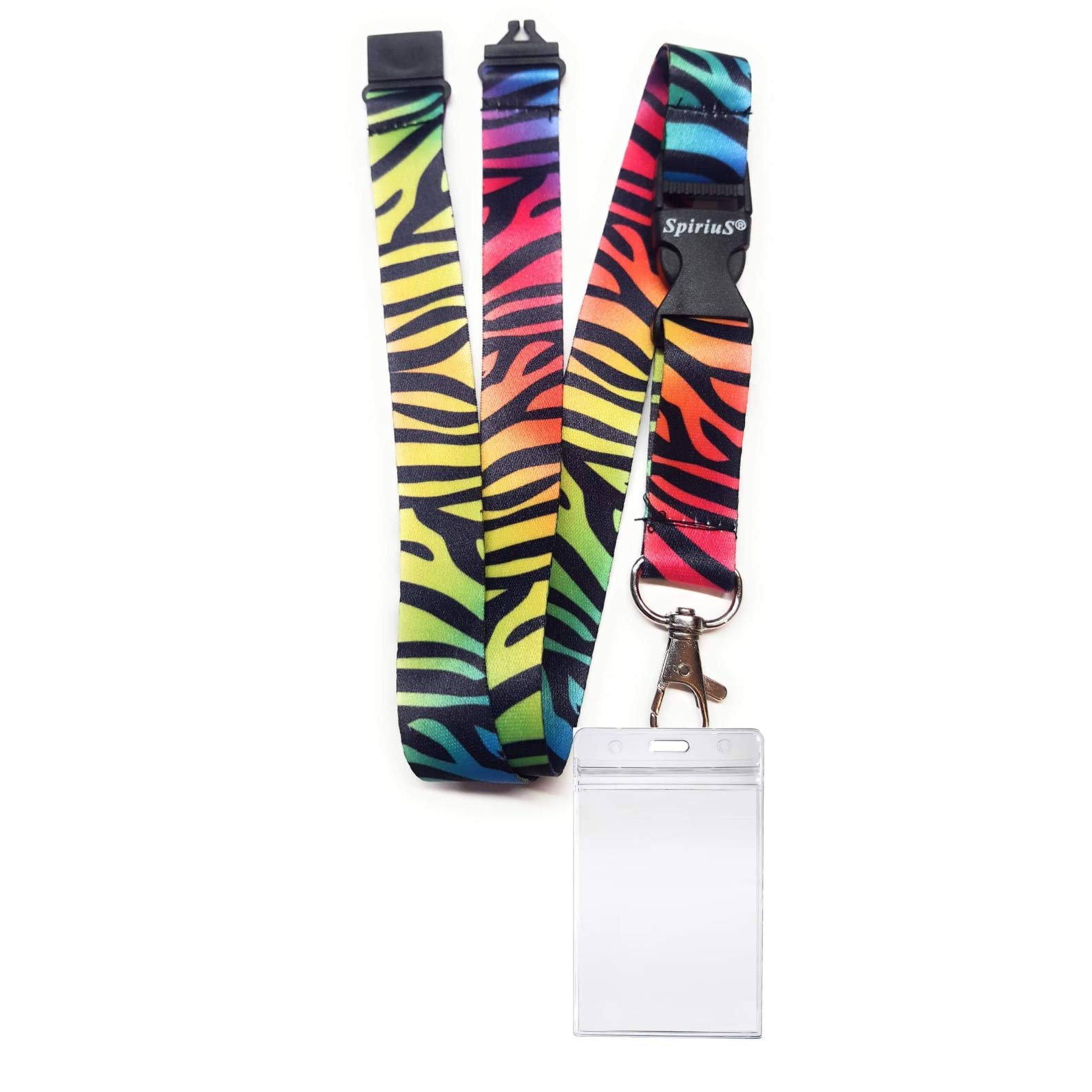 Zip-Lock Design & Waterproof Id Badge Card Holder + SpiriuS Lanyard Neck Strap with Metal Clip (Rainbow Zebra)