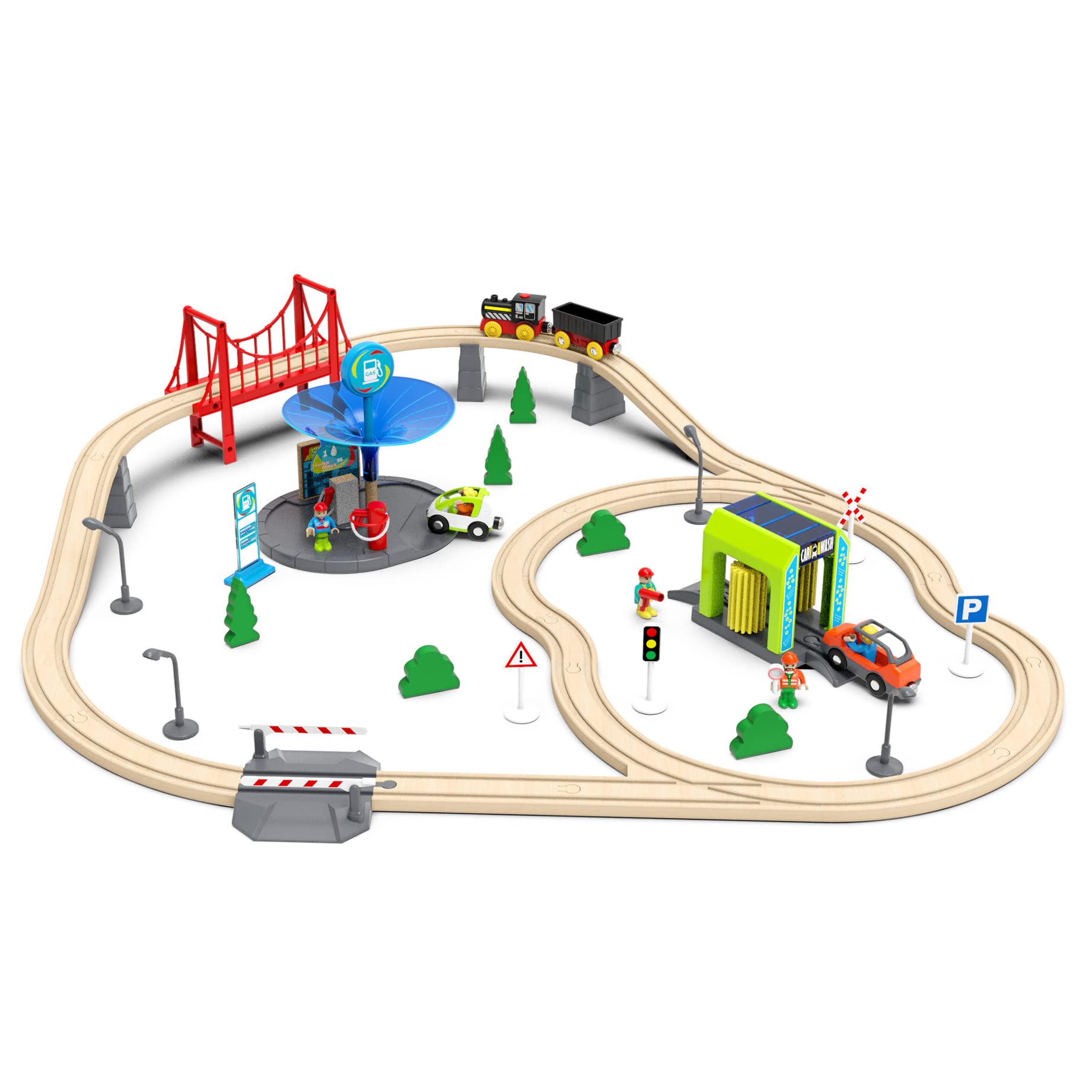 Wooden Train Accessories Car Washer for Railroad Train Track, Train Toys Accessory Compatible with All Major Brands of Train Set System, Railway Tracks Station for Kids Ages 3 and Up.