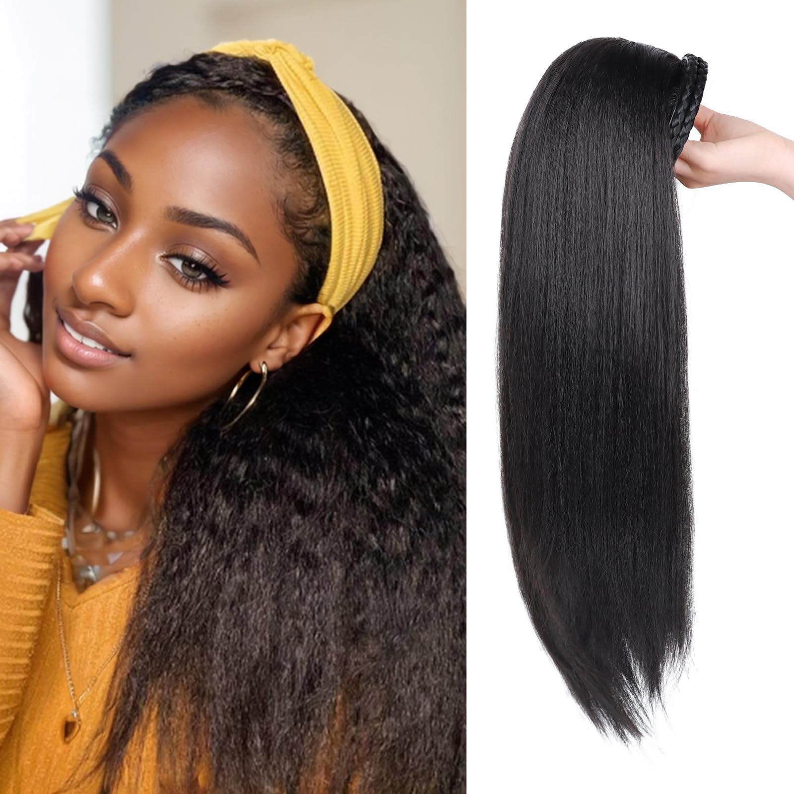 Photo 1 of G&T Wig Yaki Straight Half Wig with Braided Hair Band Wear and Go Glueless Wig for Black Women Heat Resistant Synthetic Wigs for Daily Use (24 inch)