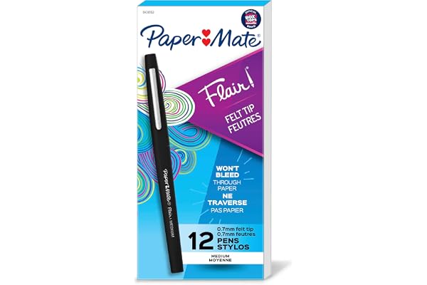 Paper Mate Flair Felt Tip Pens, Medium Point (0.7 mm), Black, 12 Count