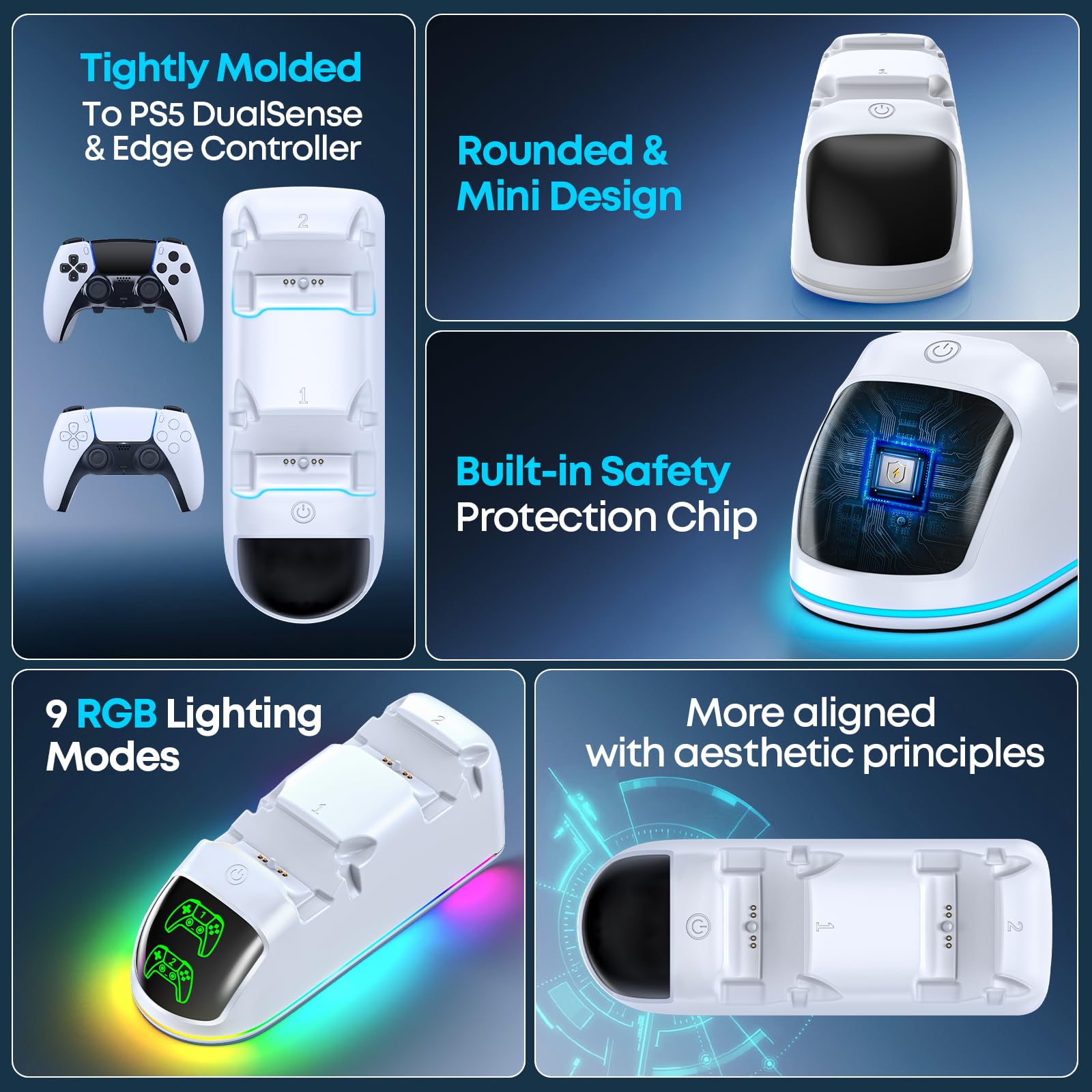 RGB PS5 Ladestation, 2St. Schnelles PS5 Ladegerät für PS5 Original & Edge Controller, mit LED Anzeigen & 9 RGB Beleuchtung, PS5 Controller Ladestation für PlayStation 5 Zubehör, Weiß 2