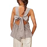 Amiblvowa Women Gingham Peplum Tank Square Neck Babydoll Tops Y2K Cute Bow Tie Back Sleeveless Vest Shirt Going Out Top