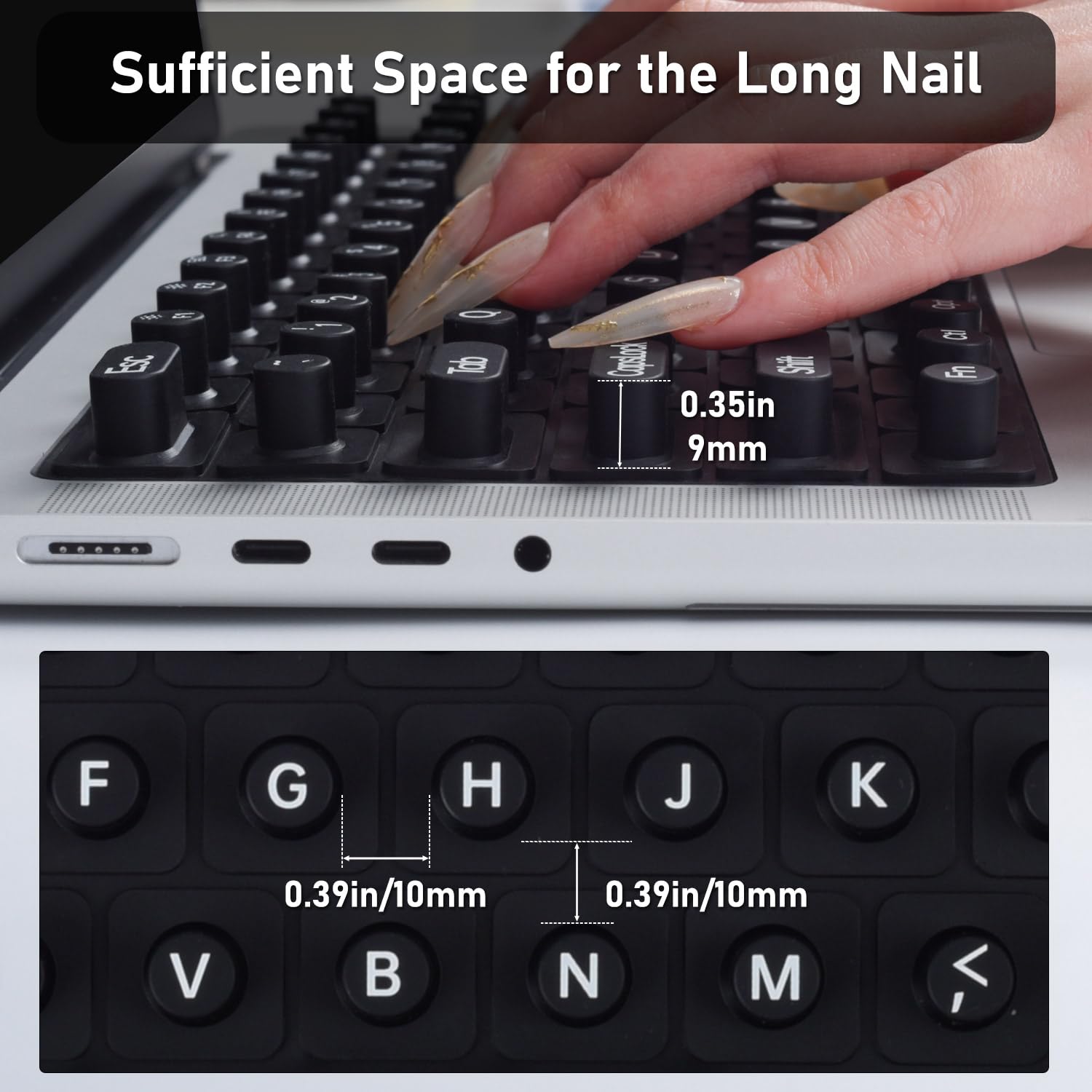 MacBook Keyboard Cover for Long Nails, 2024-2021 MacBook Pro 14/16 M4 4 M3 M2 M1 Silicone Raised Keyboard Skin, MacBook Air 13/15 2025 Keyboard Protector for Nail Art, Black - Image 4