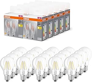 Osram BASE CLASSIC A FIL 40 LED-Lampe mit Sockel E27, klassische Kolbenform, Doppelpack, 4W, 470lm, 2700K, warmweißes Licht, geringe Wärmeentwicklung, lange Lebensdauer, energiesparend,20-Pack
