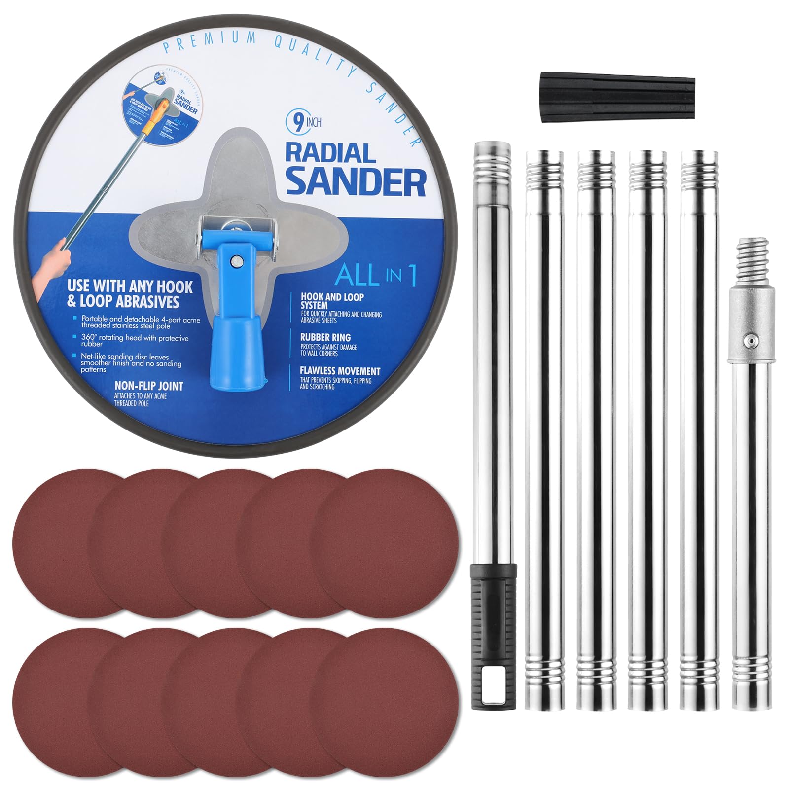 Photo 1 of ***Missing sandpaper***Drywall Pole Sander, 9 Inch Round Pole Sander with 30-86 Inch Manual Adjustable Extension Pole for Dry Wall Ceiling Sanding Painting Includes 10 Pcs Sanding Sheets (80, 100, 120, 180, 240 Grit)***Missing sandpaper***