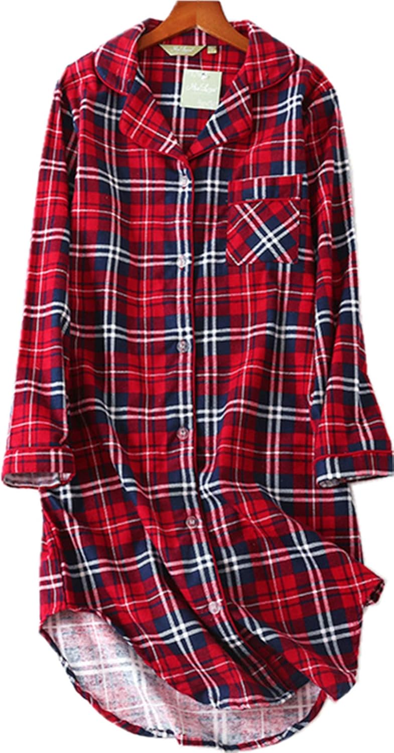 HDSTORY Women's Flannel Nightshirt Button Down Boyfriend Nightgown Mid
