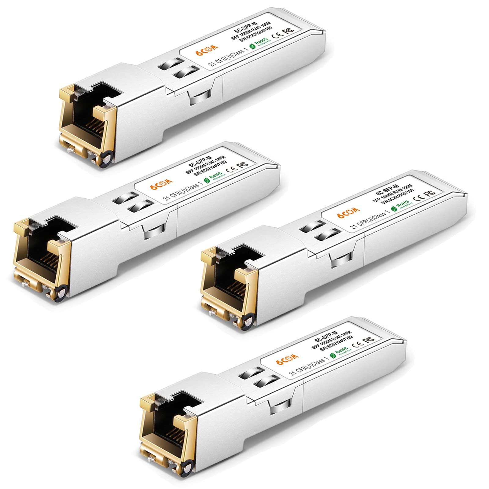 6COMGIGA 1.25G SFP-T Transceiver, 1000Base-T RJ45 Copper Module SFP, for Cisco GLC-T/SFP-GE-T, Ubiquiti, Netgear, D-Link, Supermicro, TP-Link, Meraki, up to 100m [4 Pack]