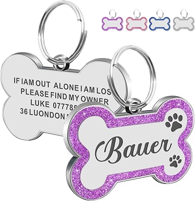 EDSG Personalised Dog Tag for Pets Engraved Stainless Steel Purple S Bone